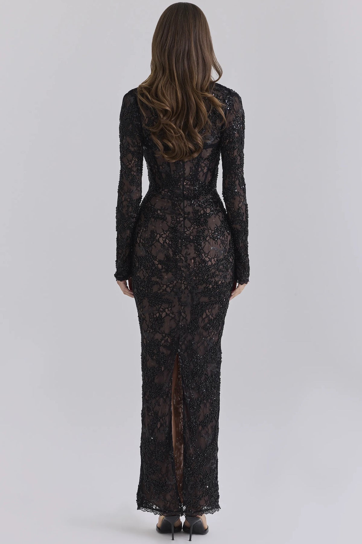 Lucelle Black Heavily Beaded Embellished Lace Maxi Dress - Limited Edition