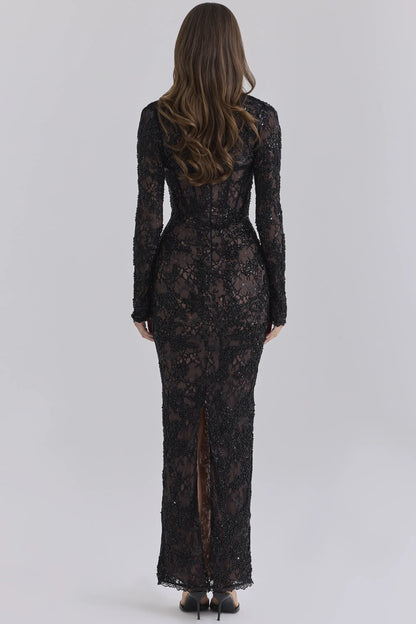 Lucelle Black Heavily Beaded Embellished Lace Maxi Dress - Limited Edition