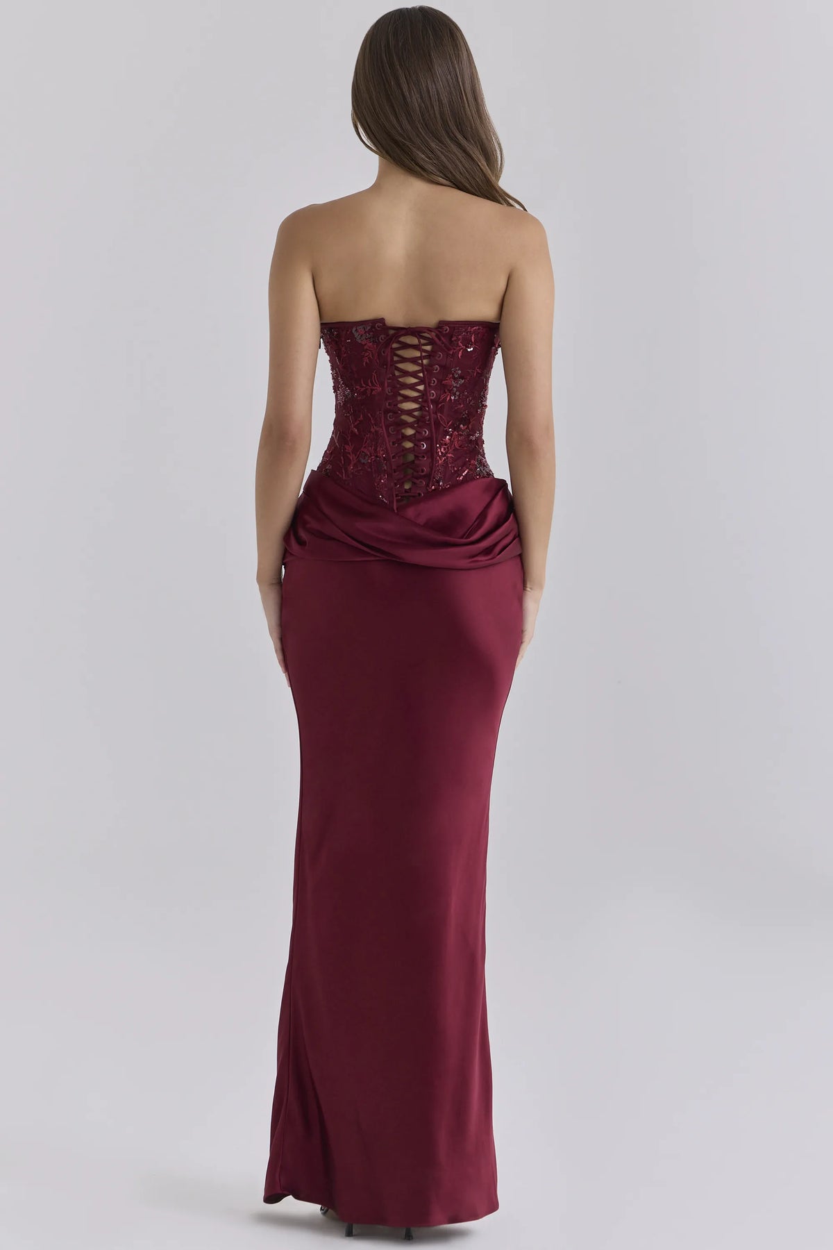 Samina Cabernet Embellished Tulle + Satin Strapless Maxi Dress