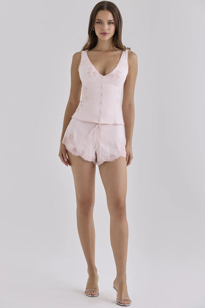Sophine Pink Satin Custom Embroidered V-Neck Top - Limited Edition