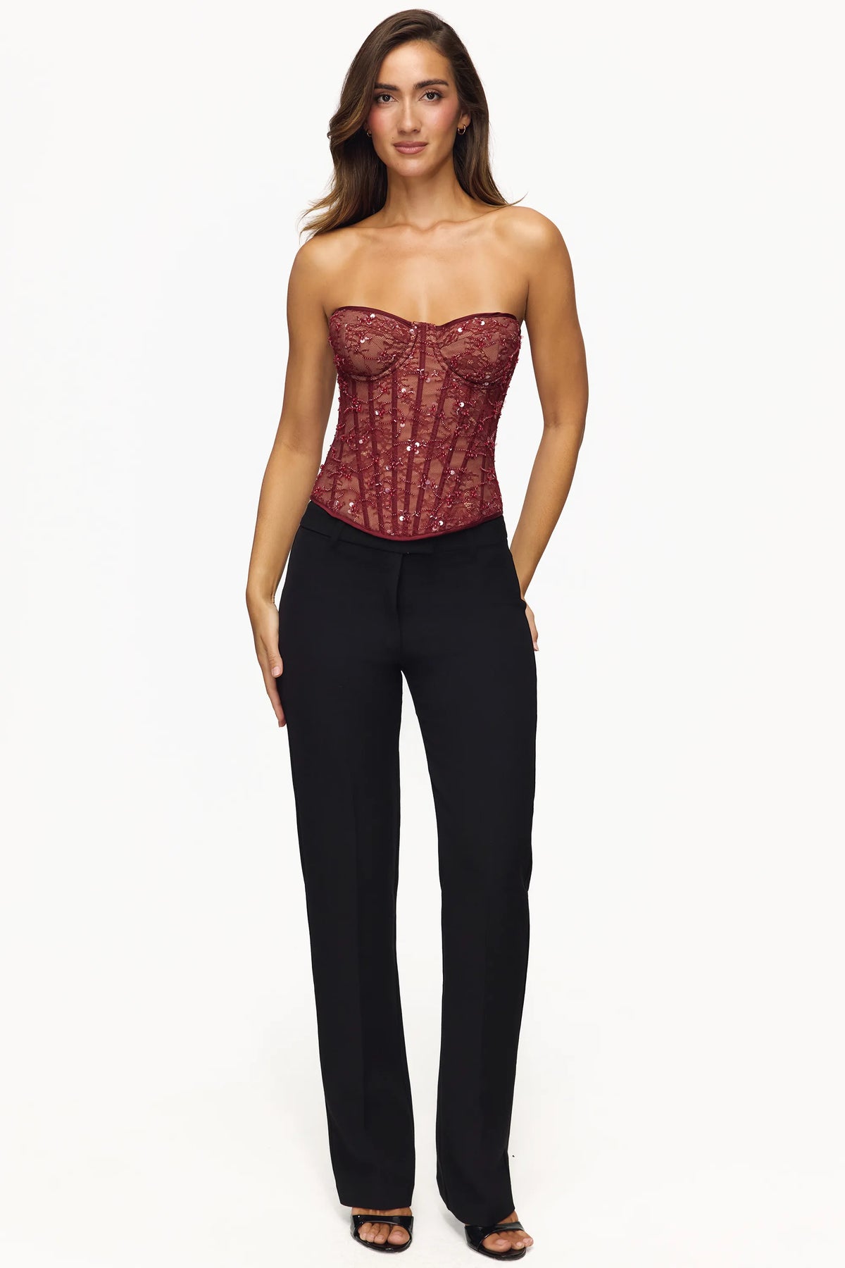 Suri Cabernet Bead Embellished Lace Corset Top