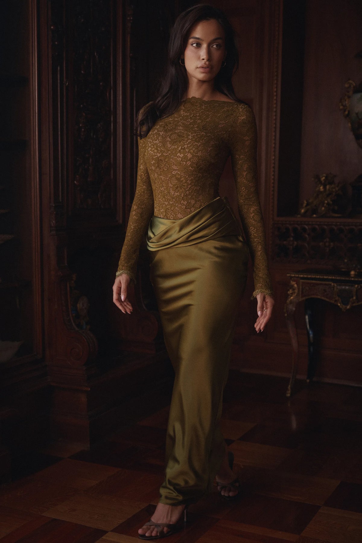 Yasmeen Olive Lace + Satin Long Sleeved Maxi Dress
