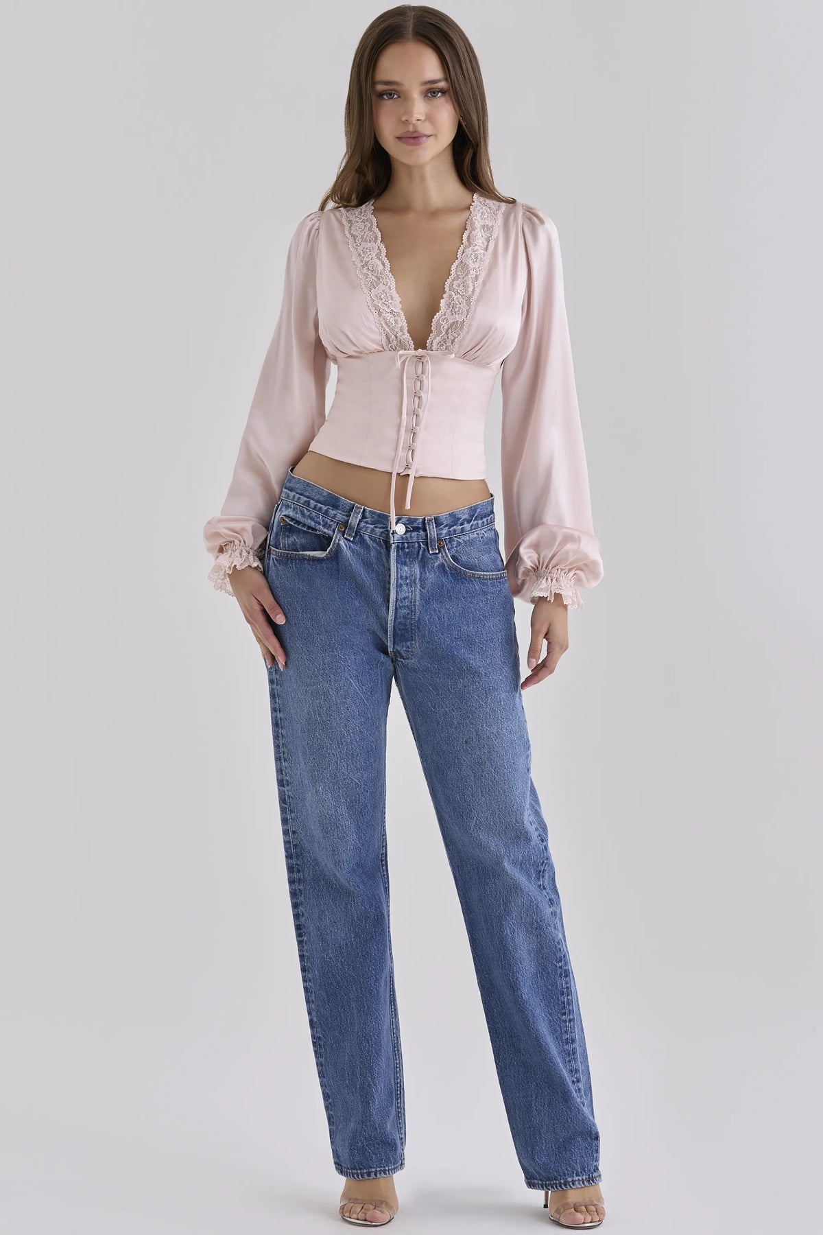 Luciana Pink Real Silk Long Sleeve Lace Trim Top