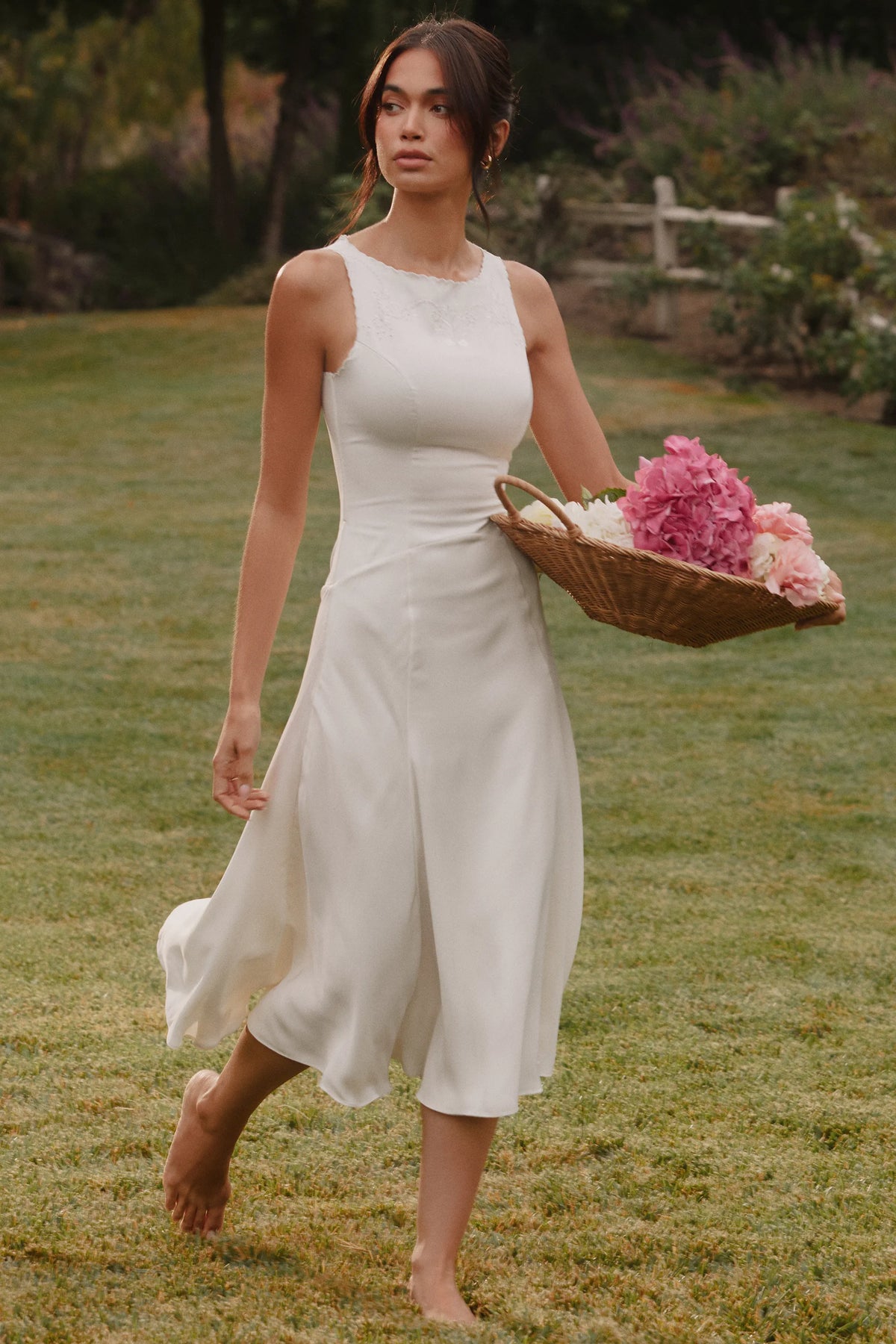 Alyssia White Satin Hand Embroidered Midi Dress