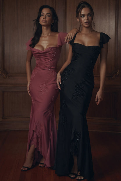 Arabella Black Satin Custom Hand Embellished Beaded Maxi Gown - Limited Edition