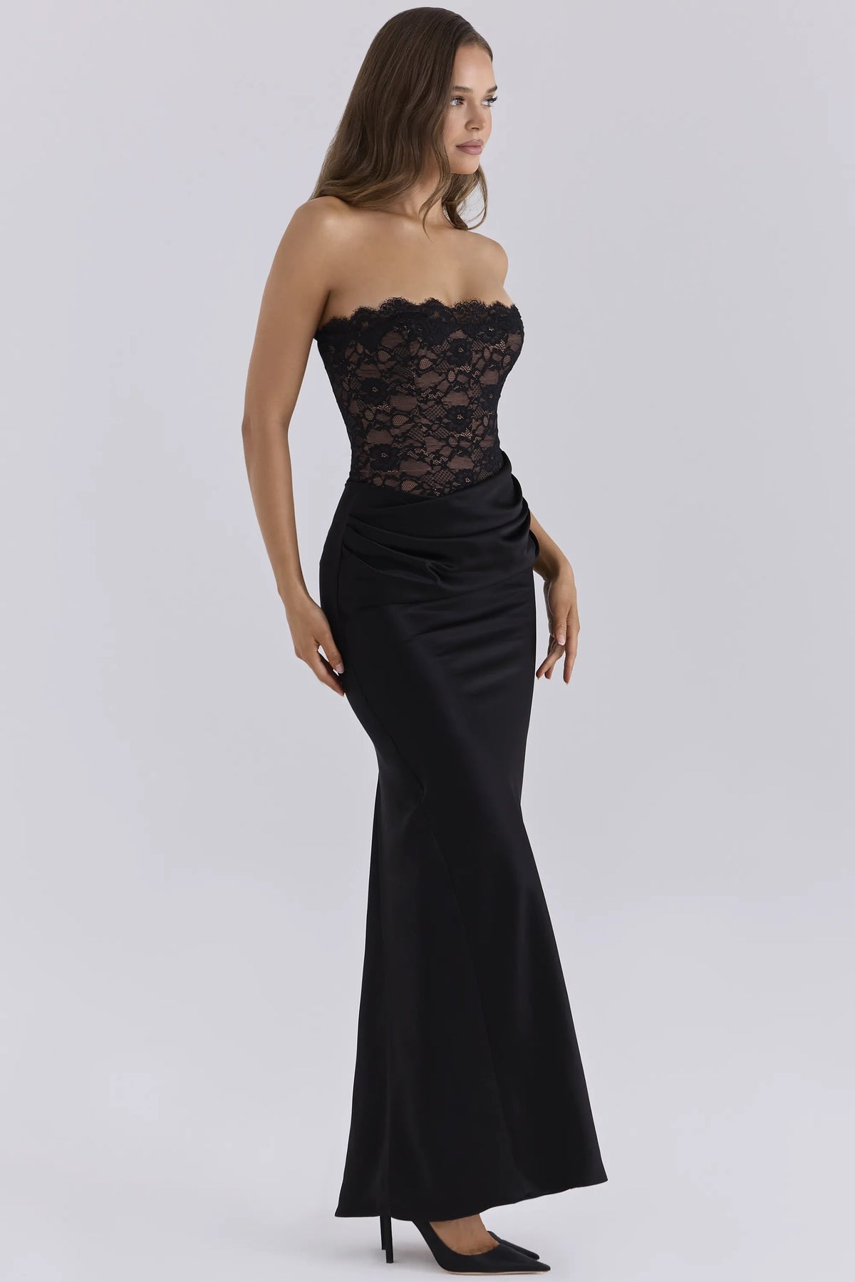 Carmella Midnight Lace & Satin Corset Maxi Dress With Bolero