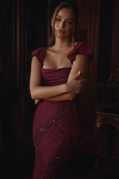 Sevrine Cabernet Satin Custom Hand Embellished Maxi Dress