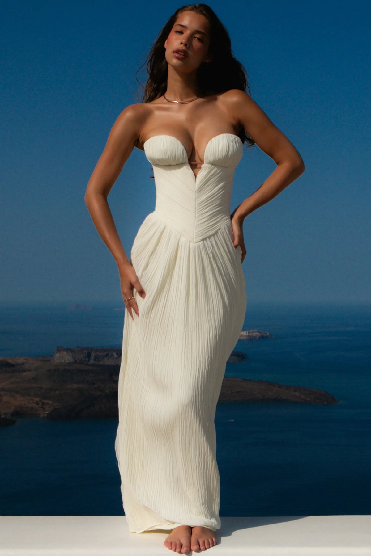 Valeriana White Chiffon Micro Pleat Strapless Maxi Gown