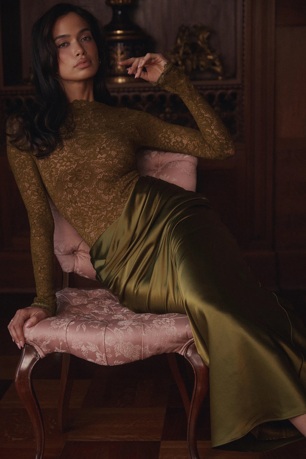 Yasmeen Olive Lace + Satin Long Sleeved Maxi Dress