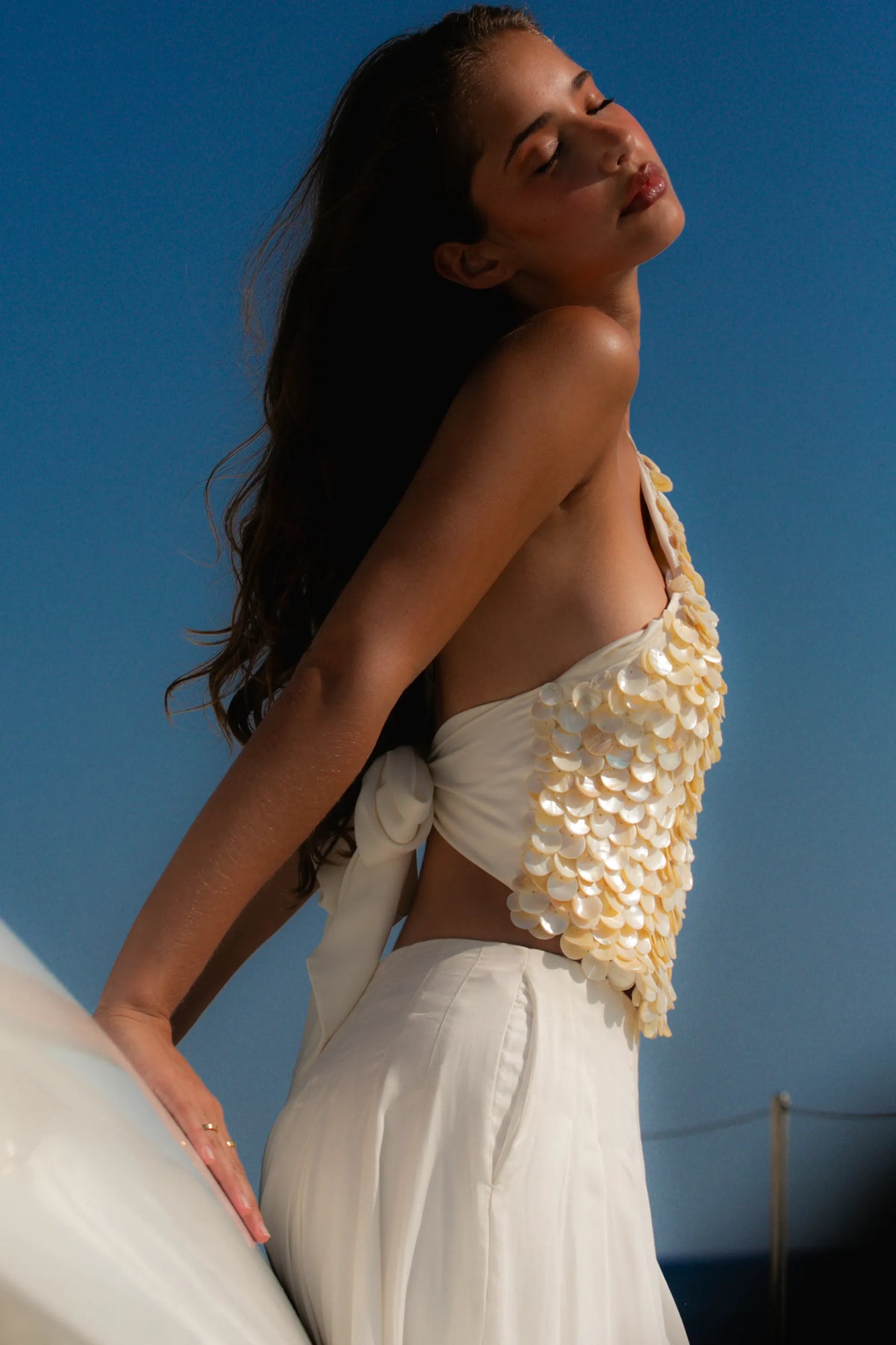 Zina Ivory Georgette Hand Beaded Shell Embellished Halter Neck Top - Limited Edition