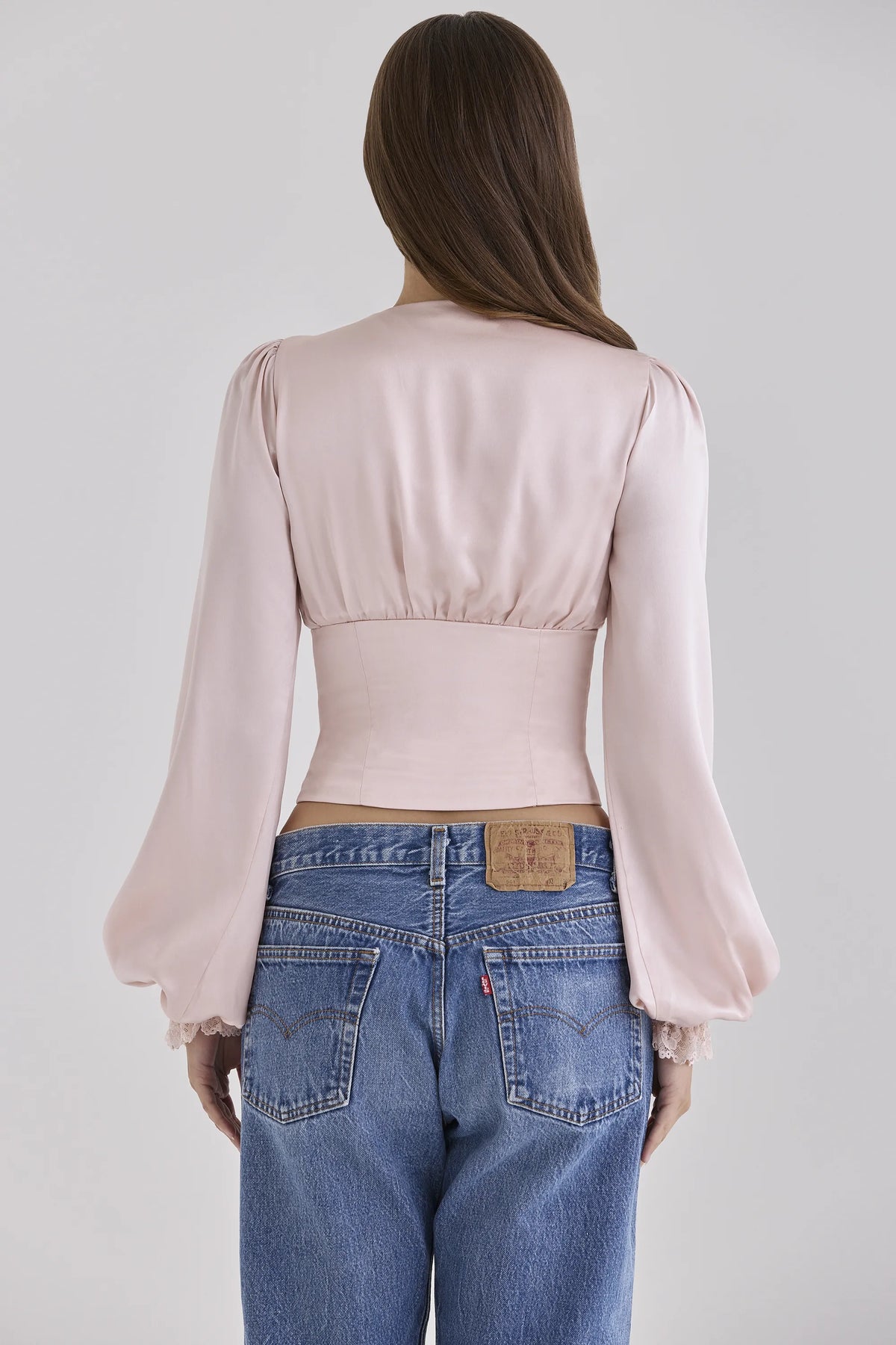 Luciana Pink Real Silk Long Sleeve Lace Trim Top