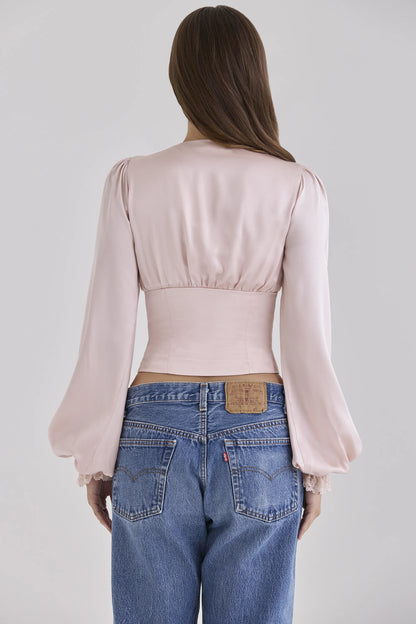 Luciana Pink Real Silk Long Sleeve Lace Trim Top