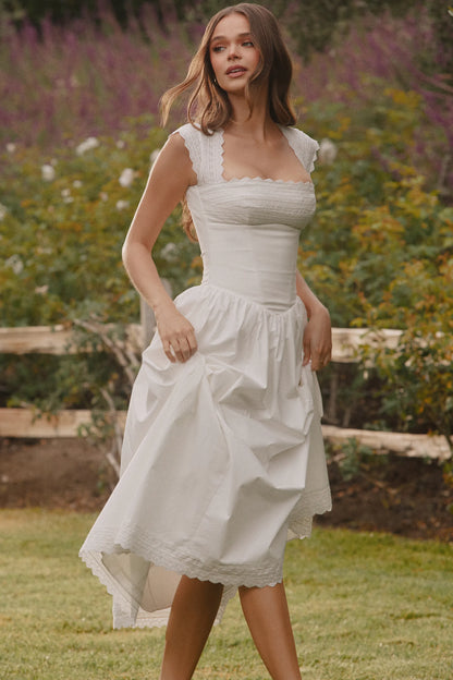 Fiorella White Cotton Broderie Anglaise Trim Midi Sundress