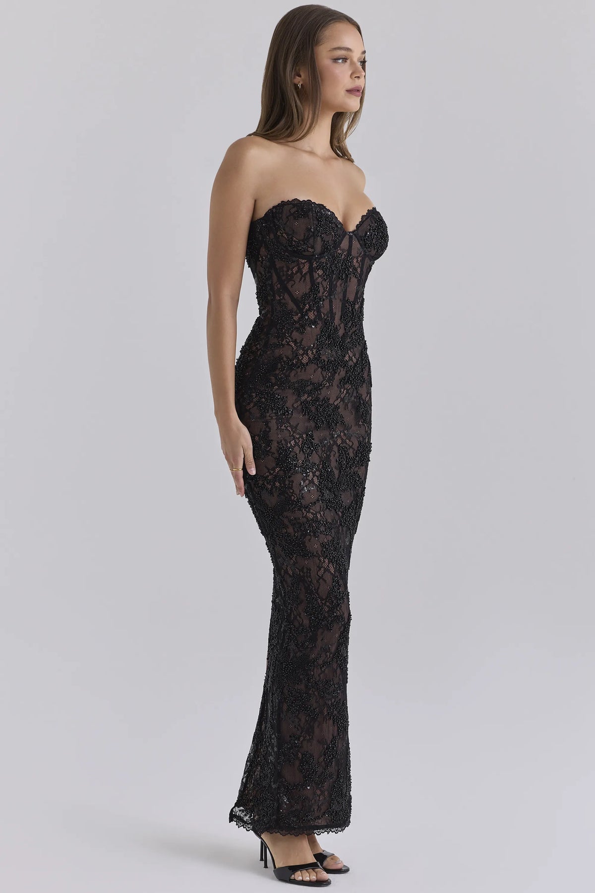 Lucelle Black Heavily Beaded Embellished Lace Maxi Dress - Limited Edition