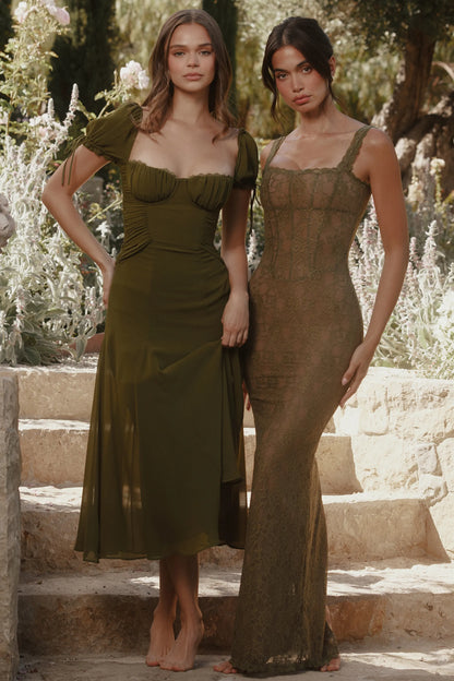 Marceline Olive Chiffon Puff Sleeve Midi Dress