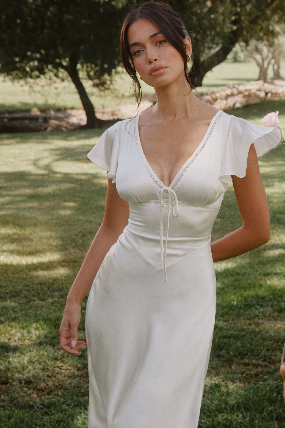Ravella Ivory Real Silk V-Neck Midi Tea Dress