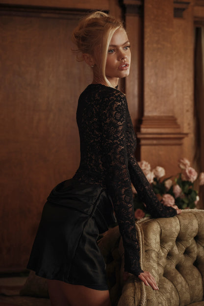 Yasmeen Midnight Lace + Satin Draped Mini Dress