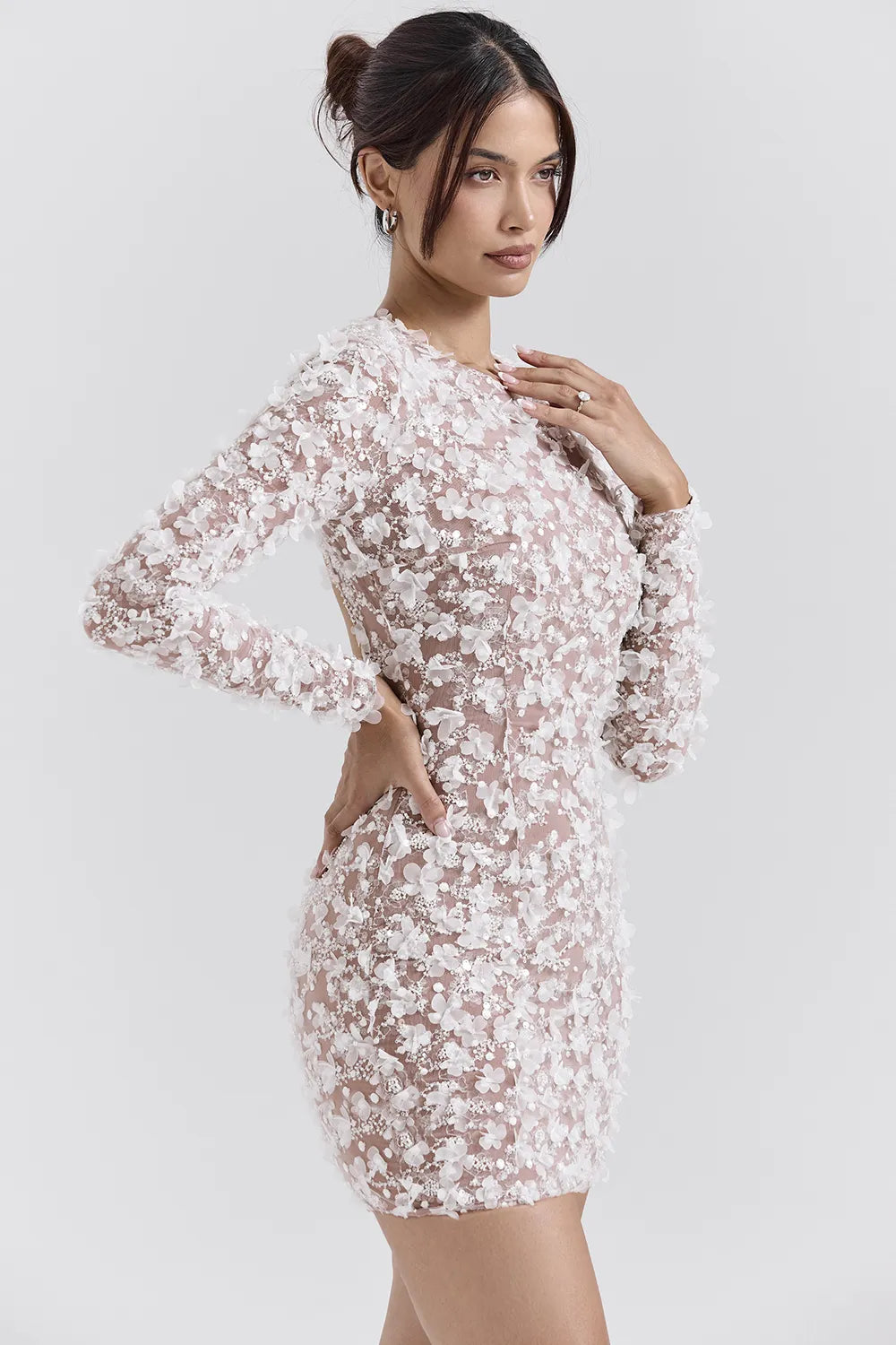 Alize White Floral Appliqué Backless Mini Bridal Gown