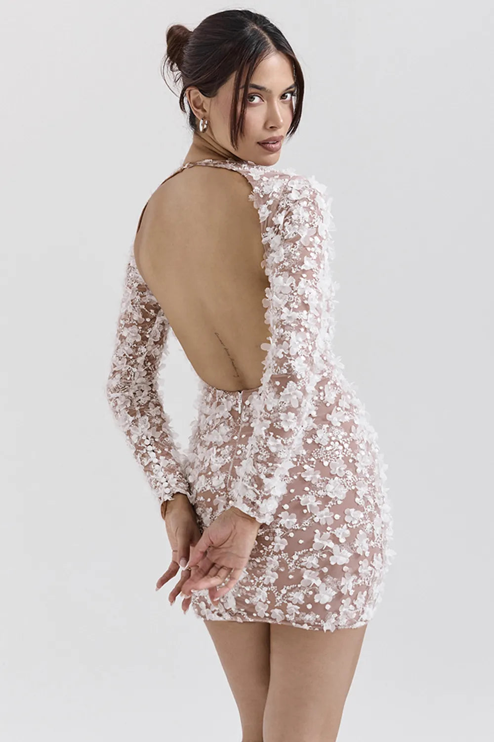Alize White Floral Appliqué Backless Mini Bridal Gown