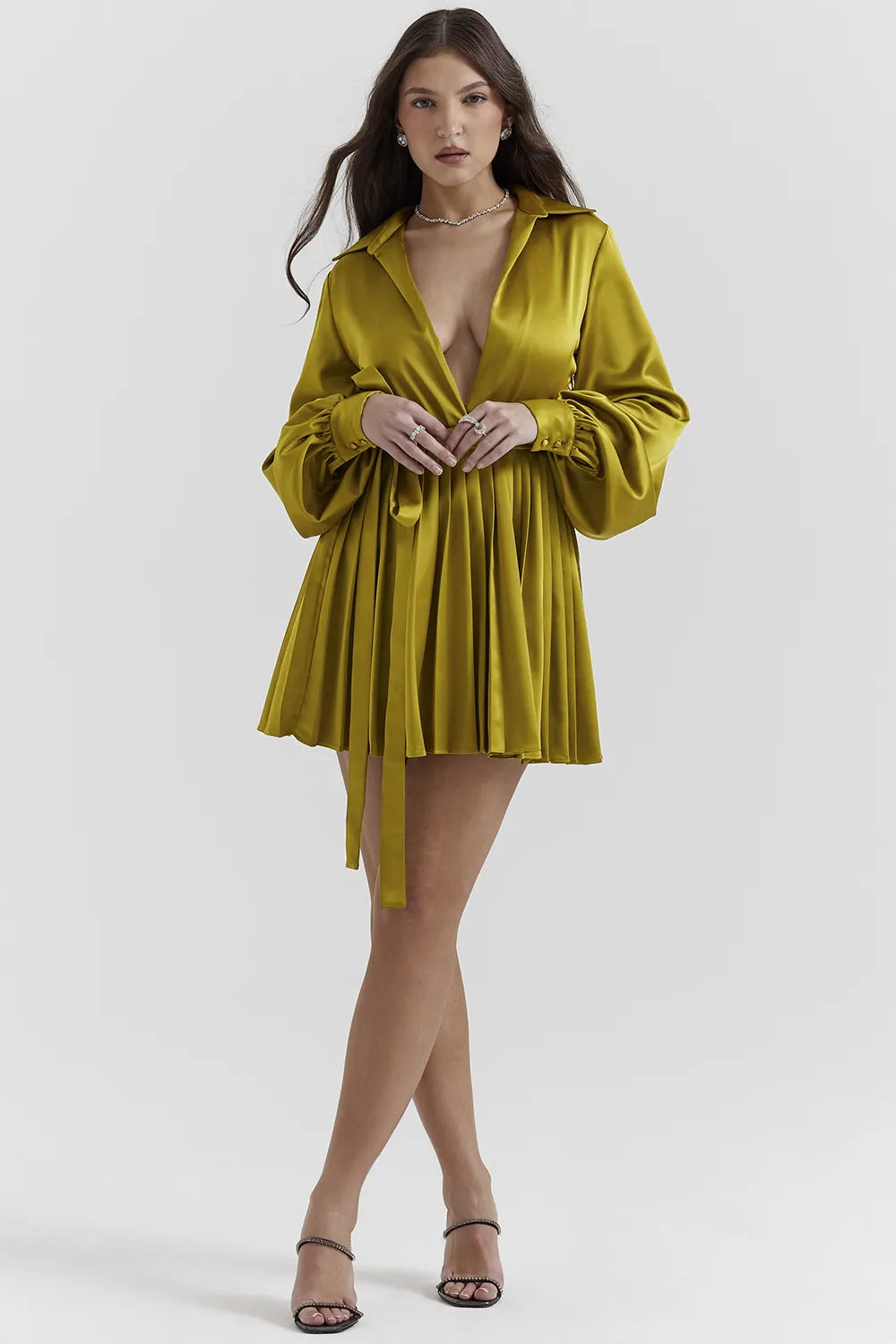 Allegra Chartreuse Pleated Shirt Dress