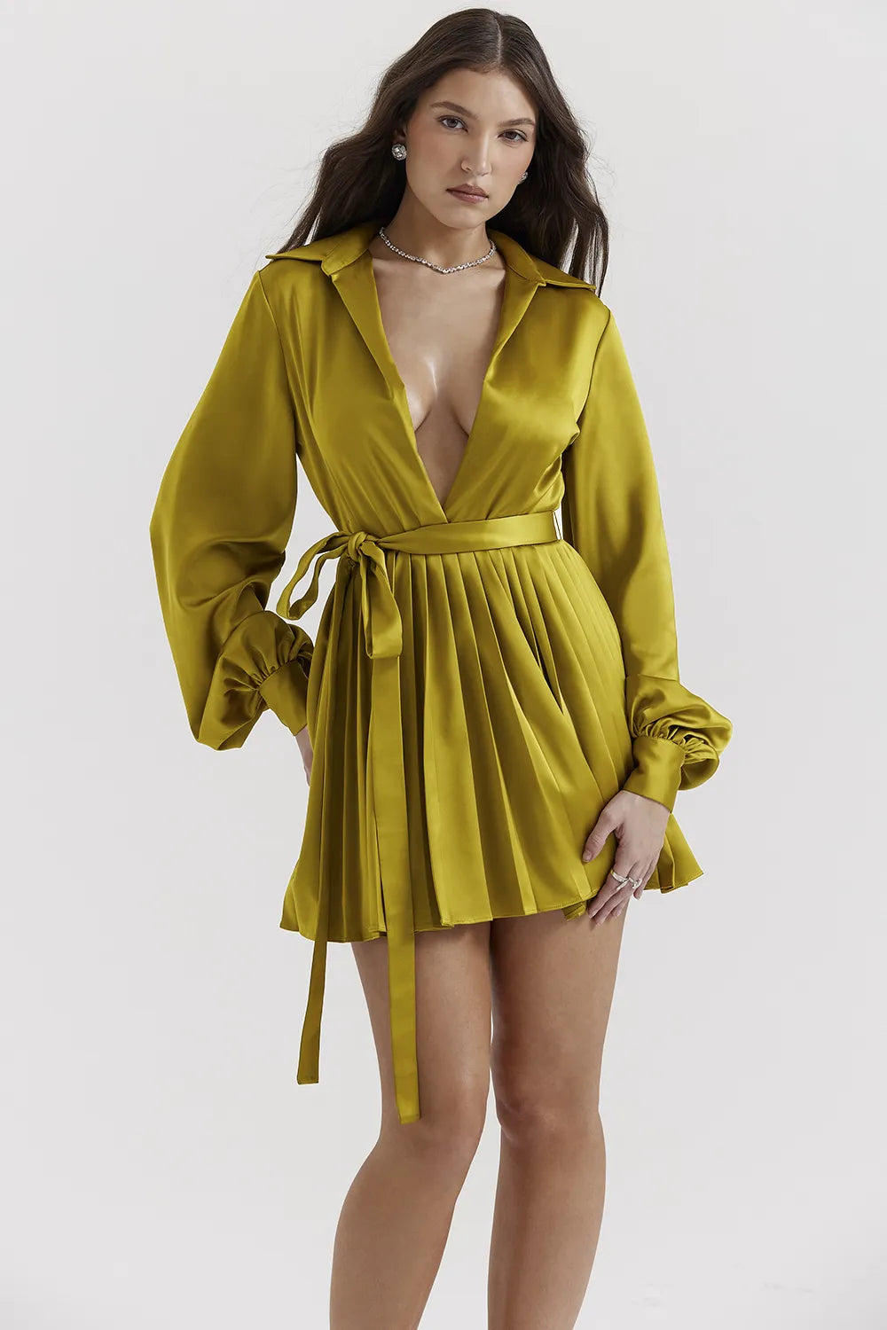 Allegra Chartreuse Pleated Shirt Dress