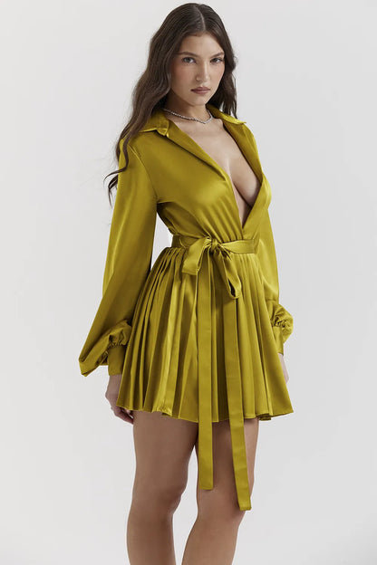 Allegra Chartreuse Pleated Shirt Dress