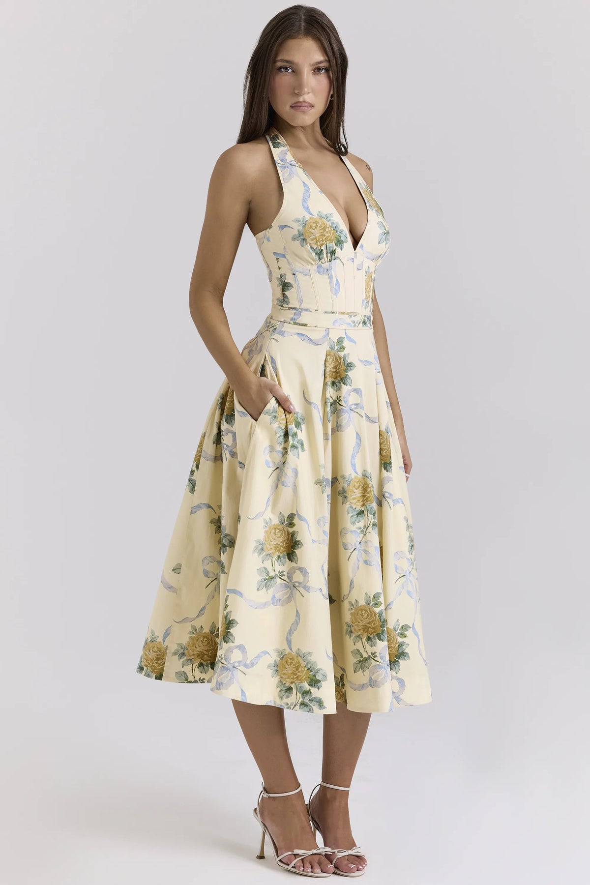 Allena Lemon Ribbon Stretch Cotton Halter Midi Sundress