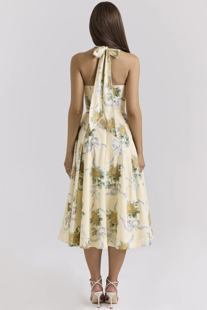 Allena Lemon Ribbon Stretch Cotton Halter Midi Sundress