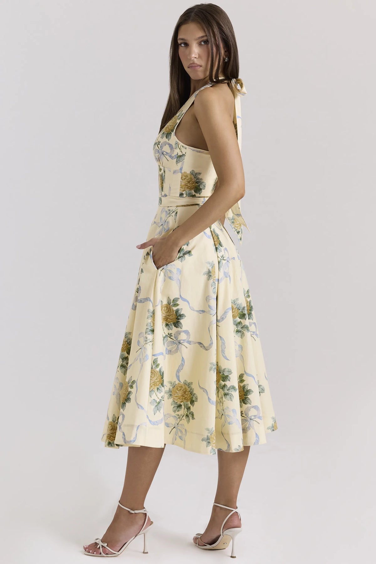 Allena Lemon Ribbon Stretch Cotton Halter Midi Sundress