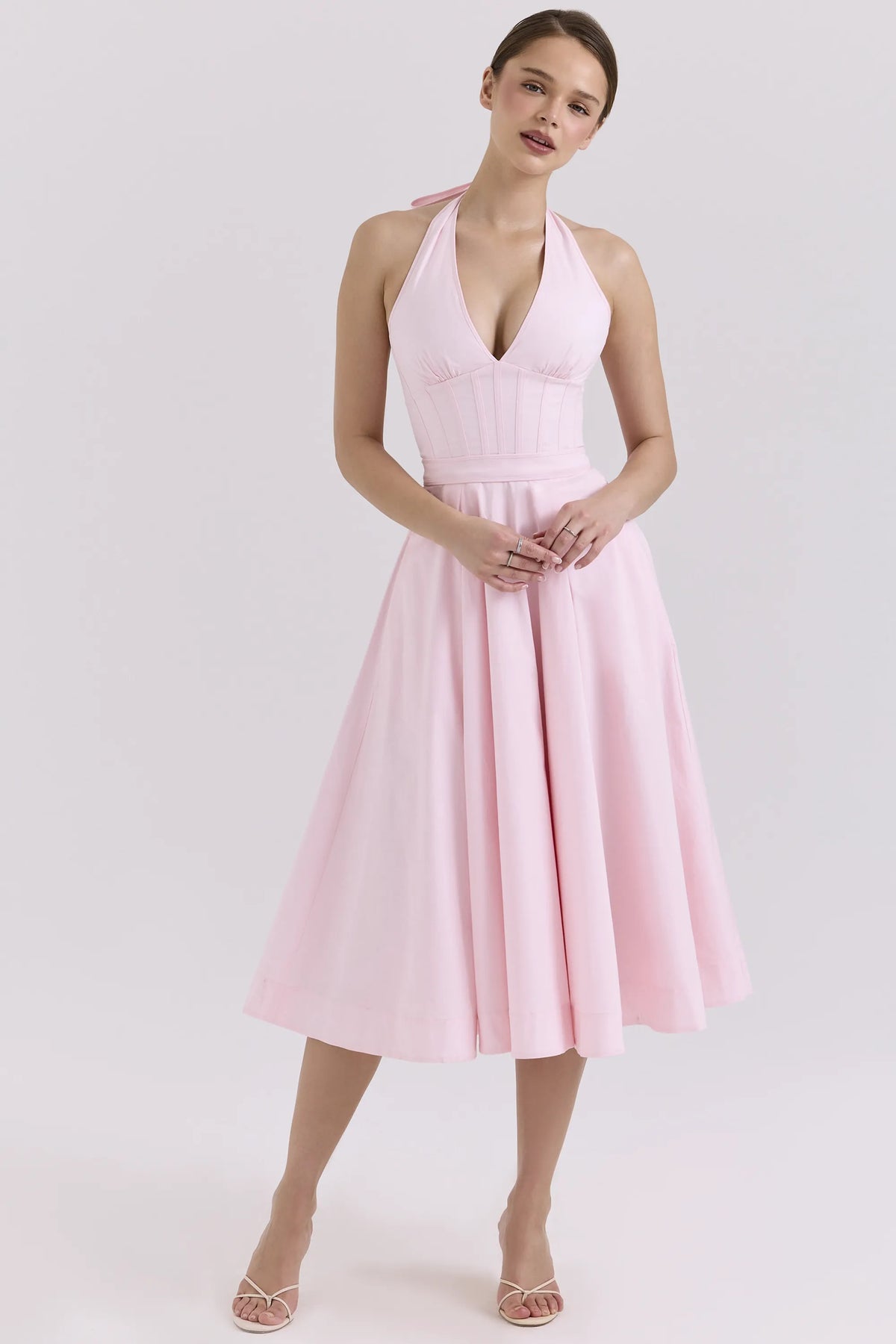 Allena Pink Stretch Cotton Halter Midi Sundress