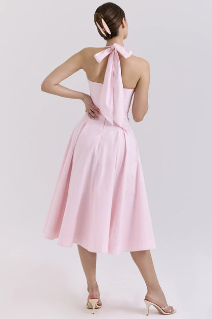 Allena Pink Stretch Cotton Halter Midi Sundress