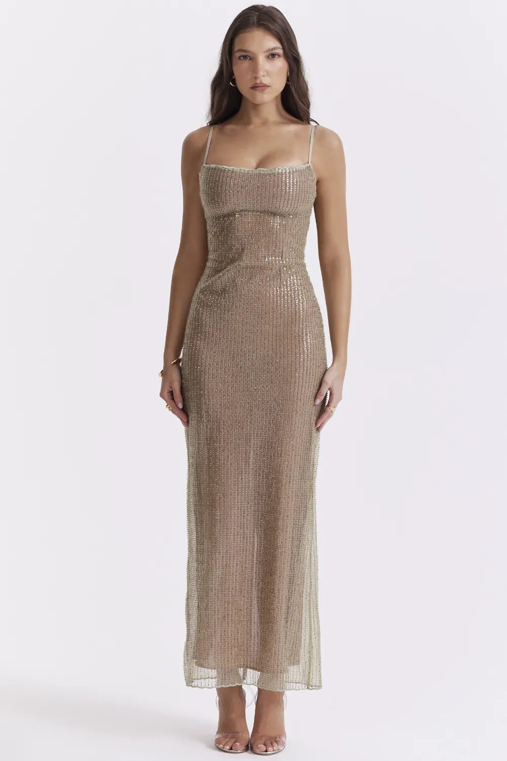 Alondra Cafe Au Lait Beaded Maxi Dress - Limited Edition
