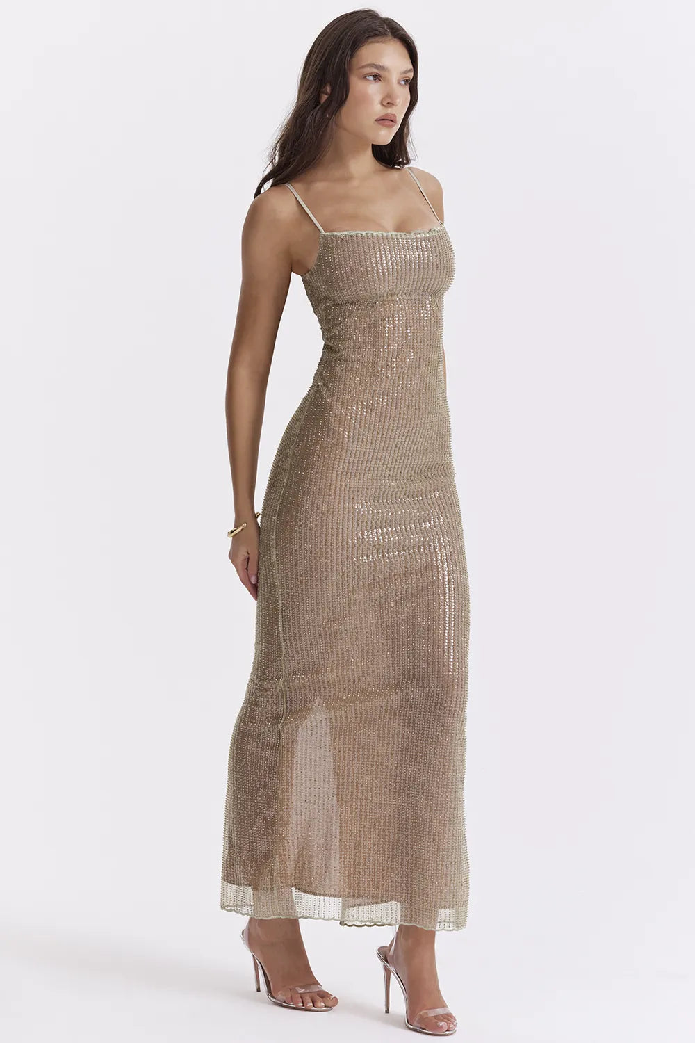 Alondra Cafe Au Lait Beaded Maxi Dress - Limited Edition