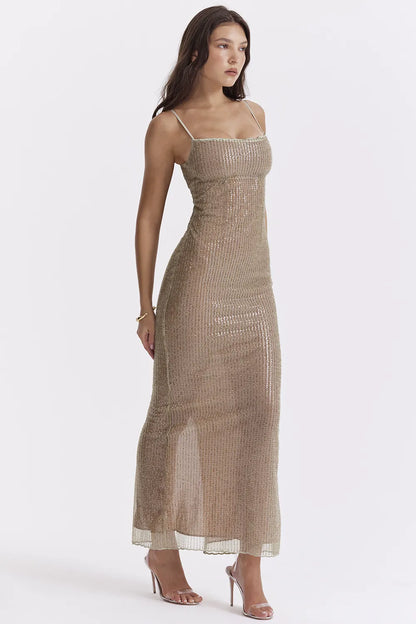 Alondra Cafe Au Lait Beaded Maxi Dress - Limited Edition