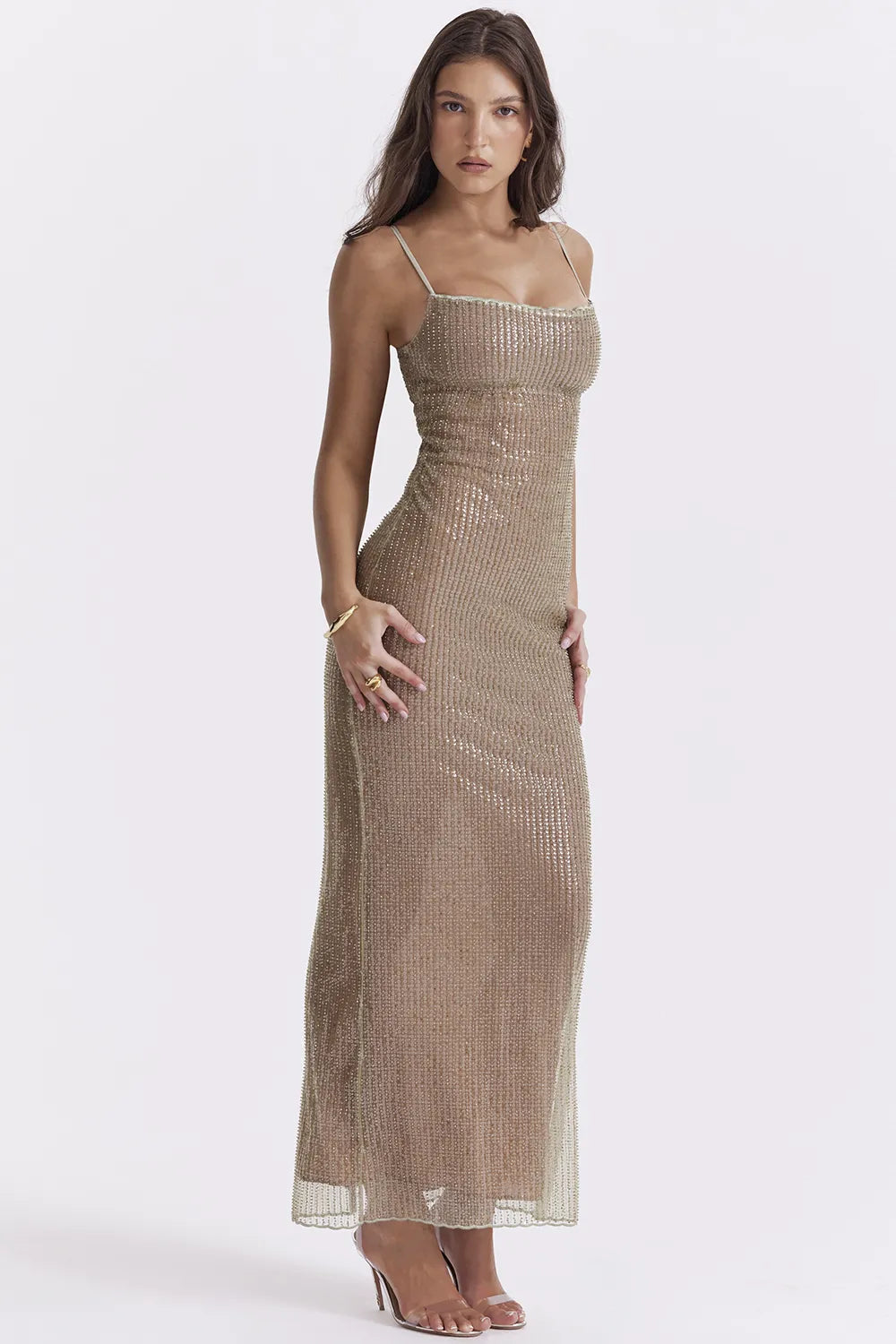 Alondra Cafe Au Lait Beaded Maxi Dress - Limited Edition