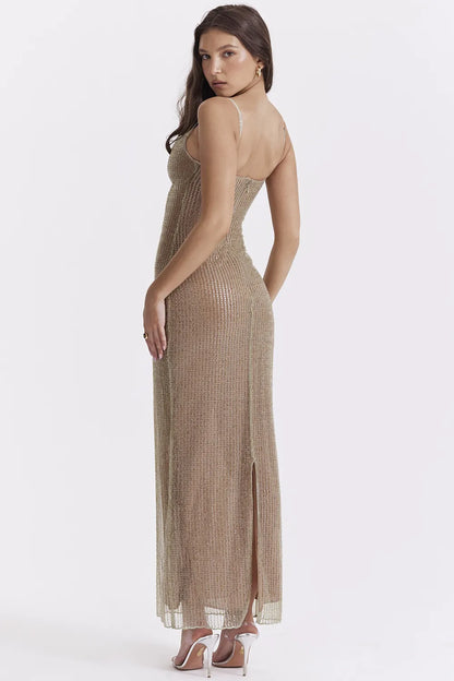 Alondra Cafe Au Lait Beaded Maxi Dress - Limited Edition