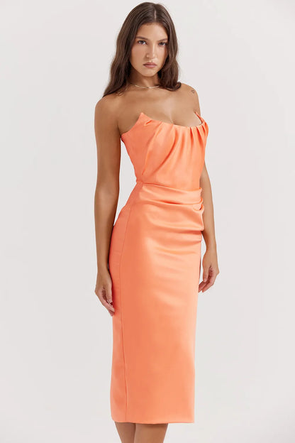 Alora Tangerine Strapless Corset Midi Dress