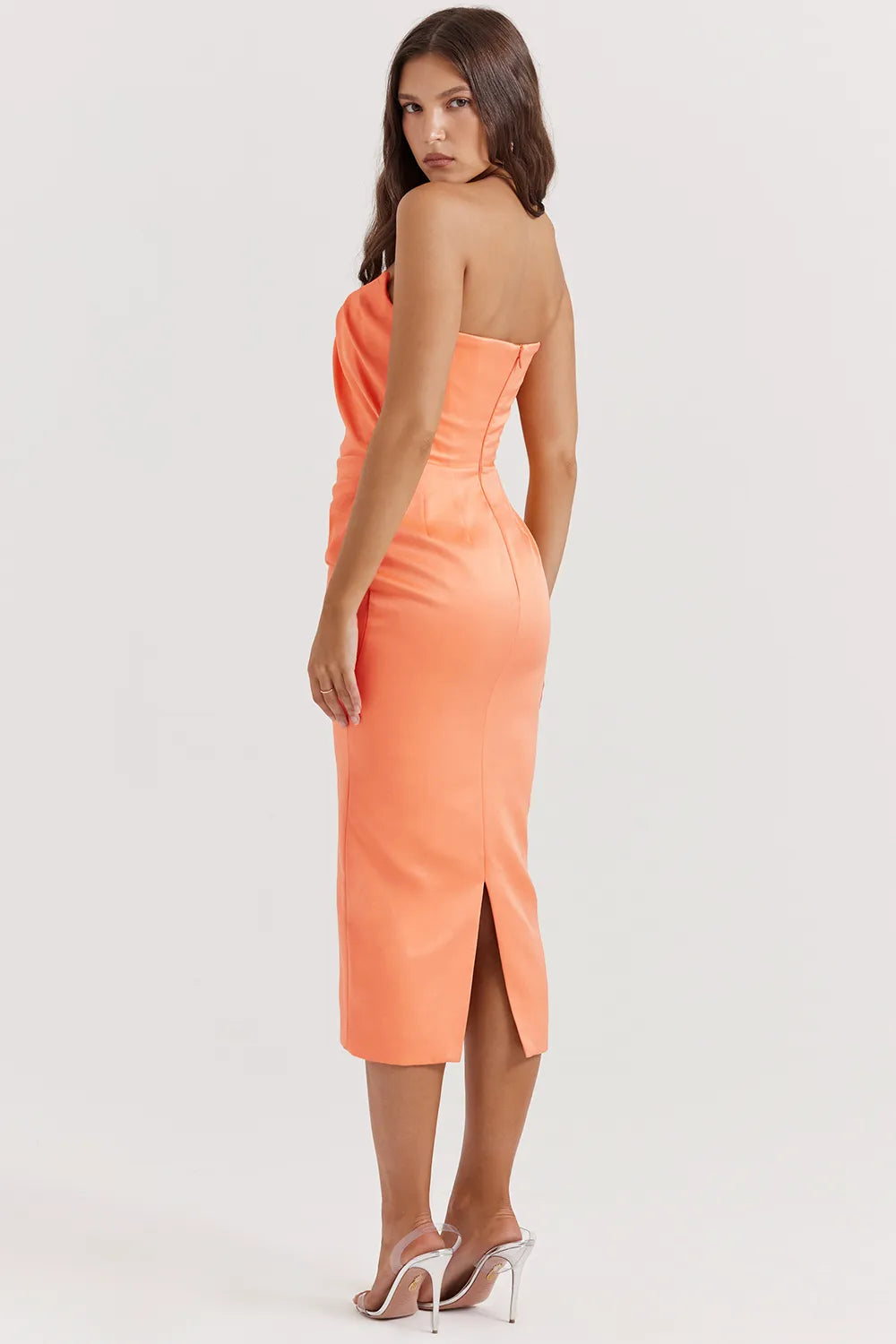 Alora Tangerine Strapless Corset Midi Dress