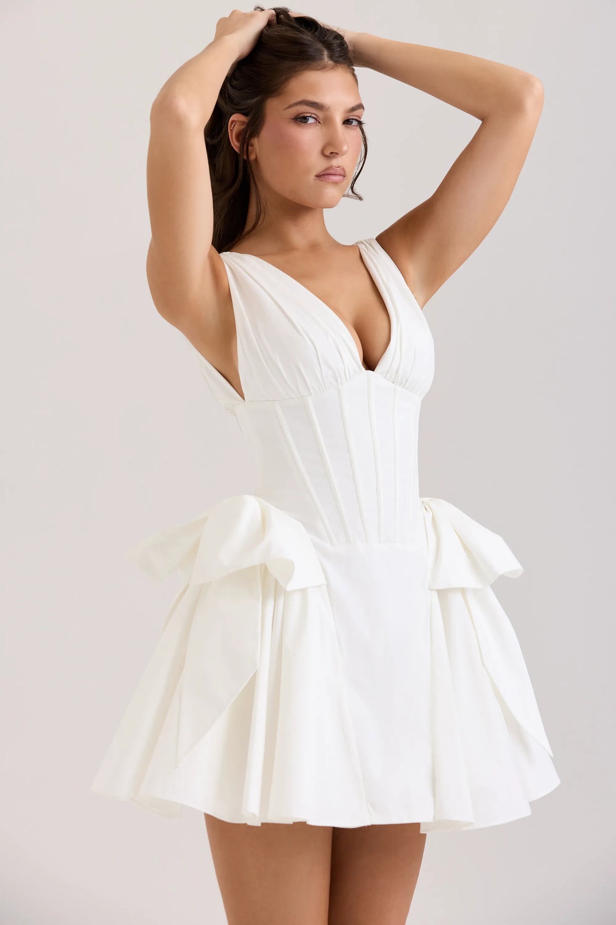 Amalia White Stretch Cotton Bow Mini Dress