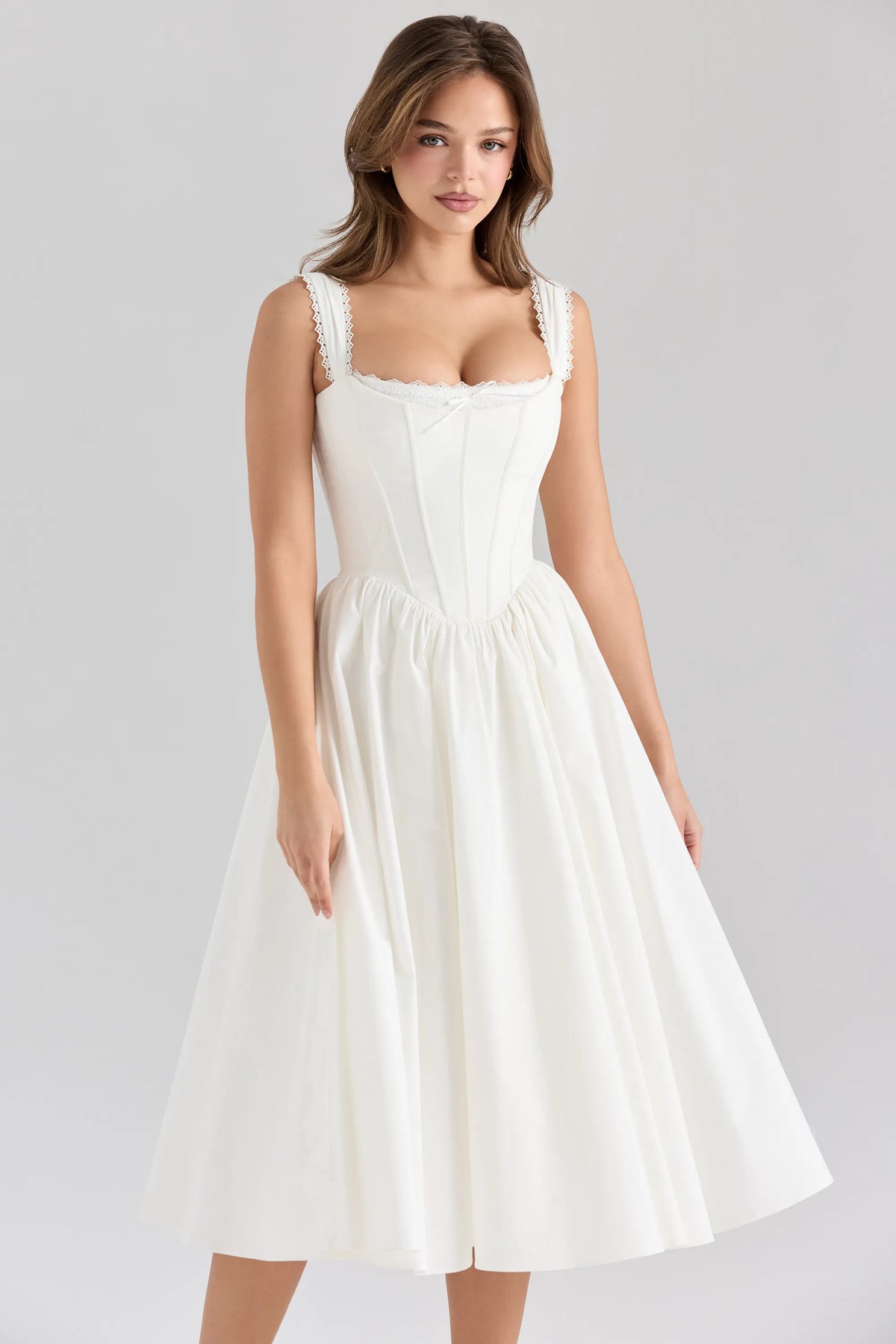 Amara White Stretch Cotton Corset Midi Dress