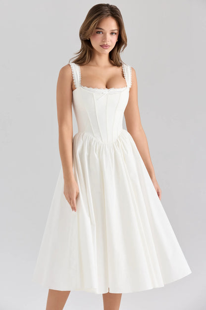 Amara White Stretch Cotton Corset Midi Dress