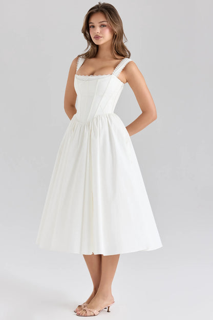 Amara White Stretch Cotton Corset Midi Dress