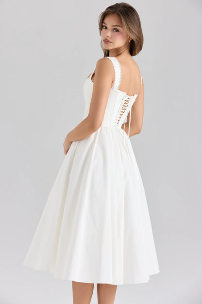 Amara White Stretch Cotton Corset Midi Dress