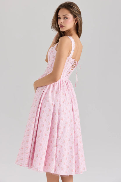 Amara Pink Rose Print Stretch Cotton Corset Midi Dress