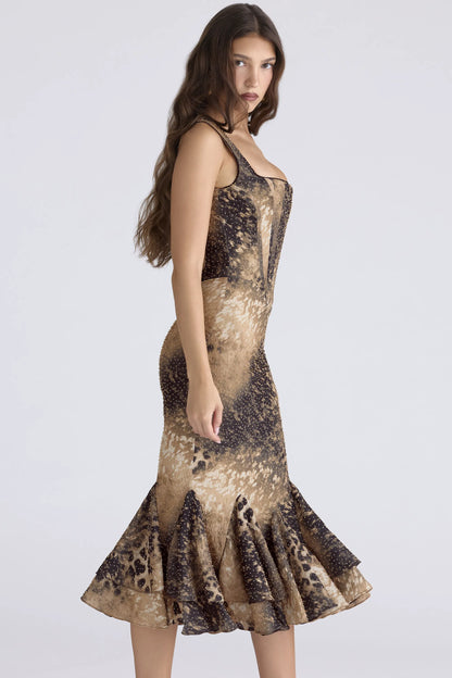 Amaria Leopard Print Hand Beaded Embellished Midi Dress - Limited Edition