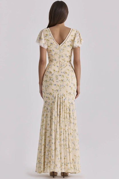 Amina Lemon Floral Print Georgette Maxi Tea Dress