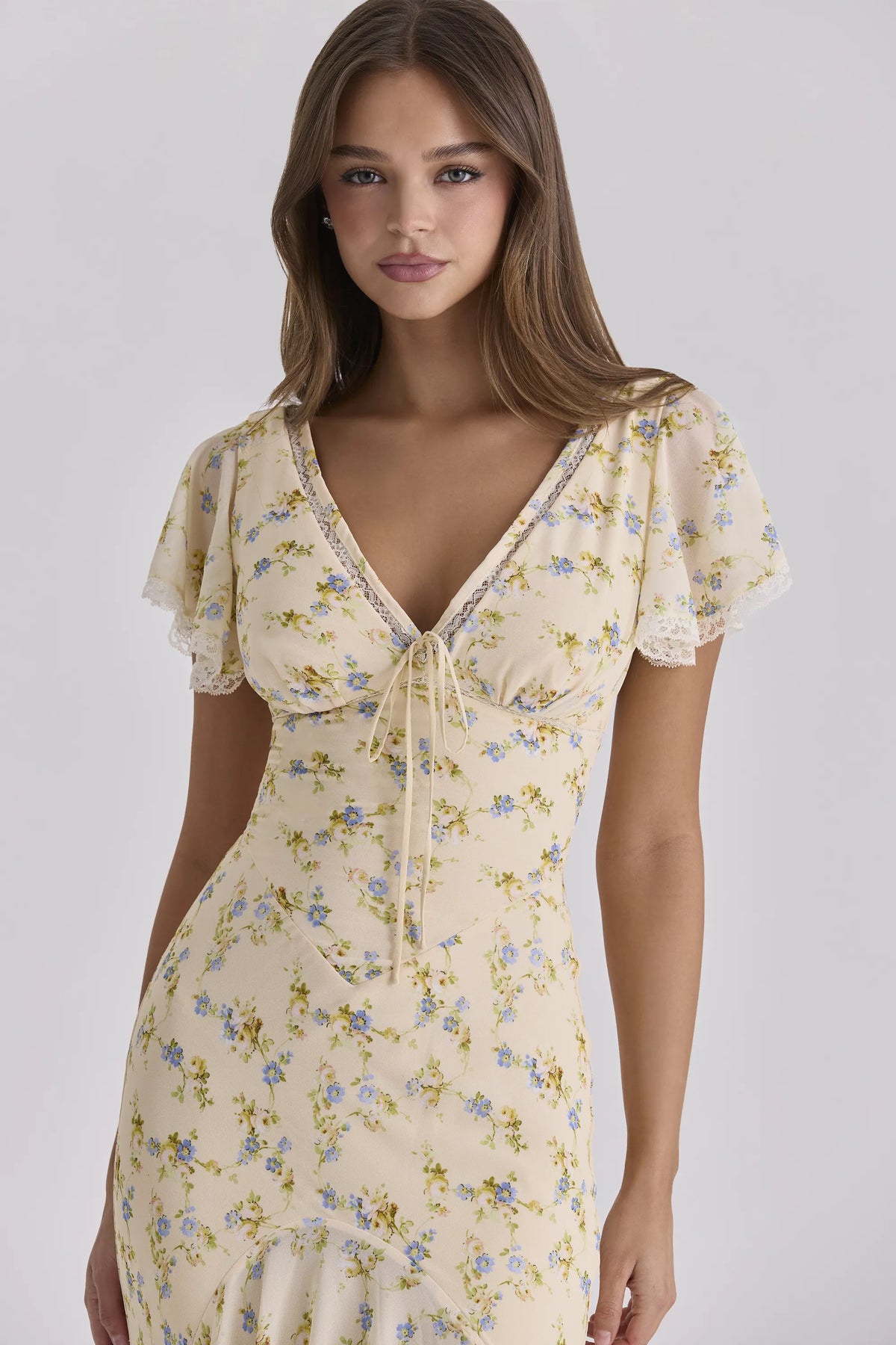 Amina Lemon Floral Print Georgette Maxi Tea Dress