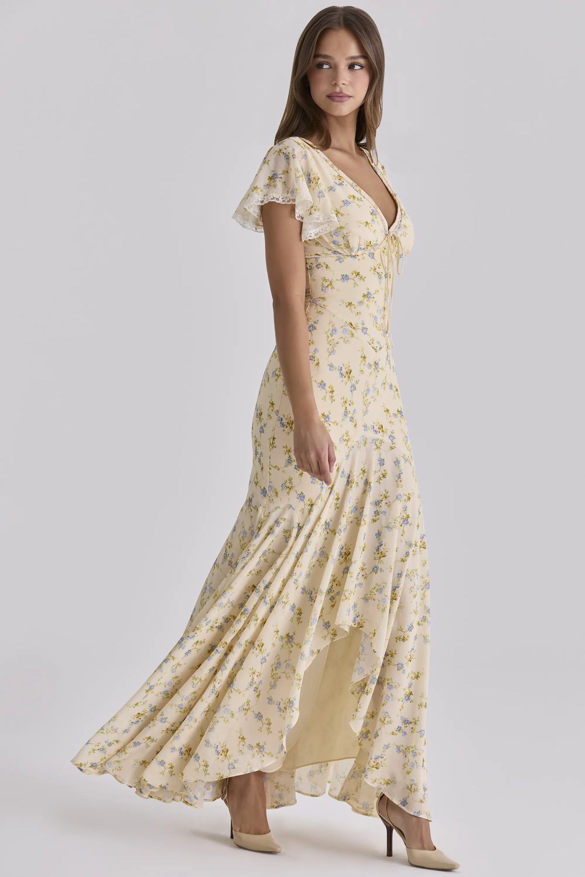 Amina Lemon Floral Print Georgette Maxi Tea Dress