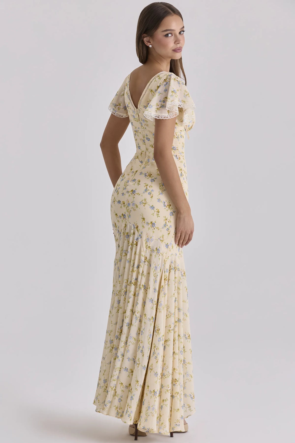 Amina Lemon Floral Print Georgette Maxi Tea Dress