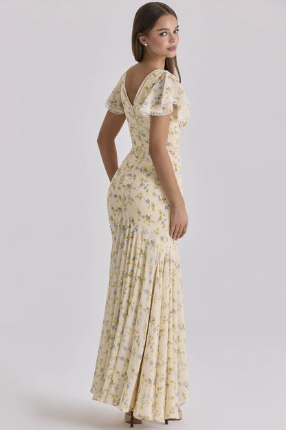 Amina Lemon Floral Print Georgette Maxi Tea Dress